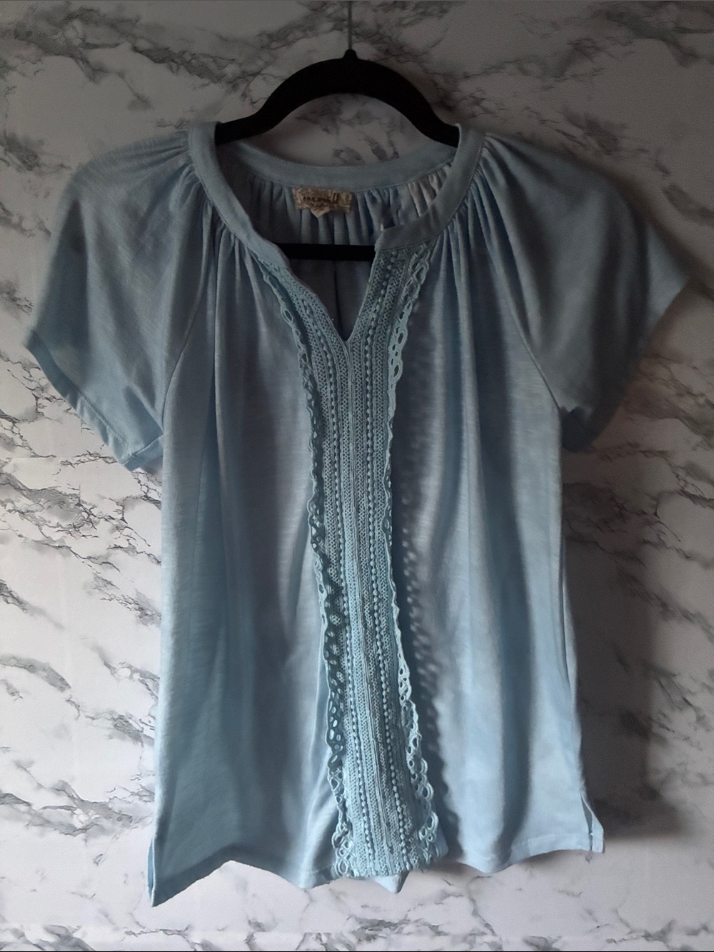 ONE WORLD S Light Blue Lace-Trim Short Sleeve Tee